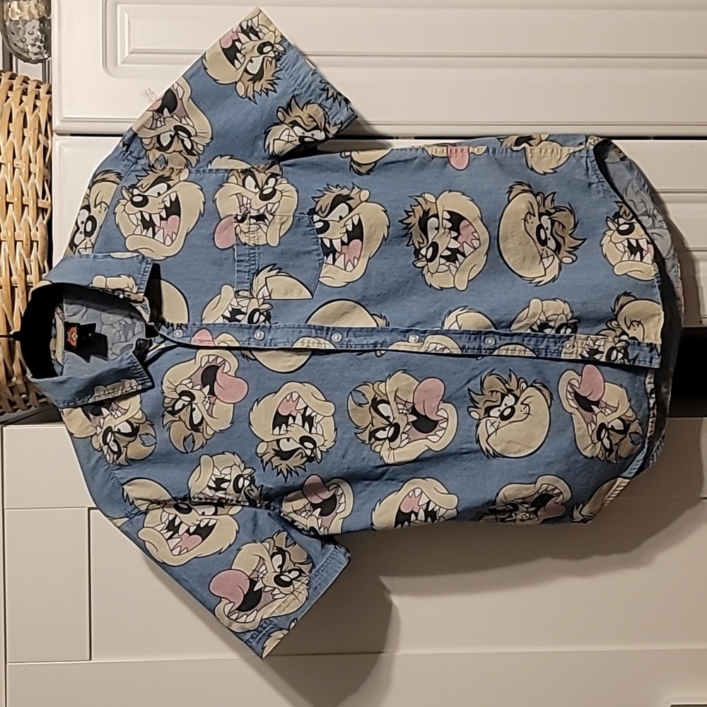 Vtg 90's Looney Tunes Taz Tasmania Devil All Over Print Button Up Shirt Sz S